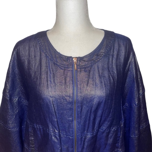 Anthropologie Elevenses Raquel Blue Bubble Jacket Batwing Linen Blend Size M/L - Picture 2 of 13